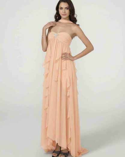 Peachira Maxi Dress by Lauven - Elegant strapless ankle-length gown with cascading ruffle details.