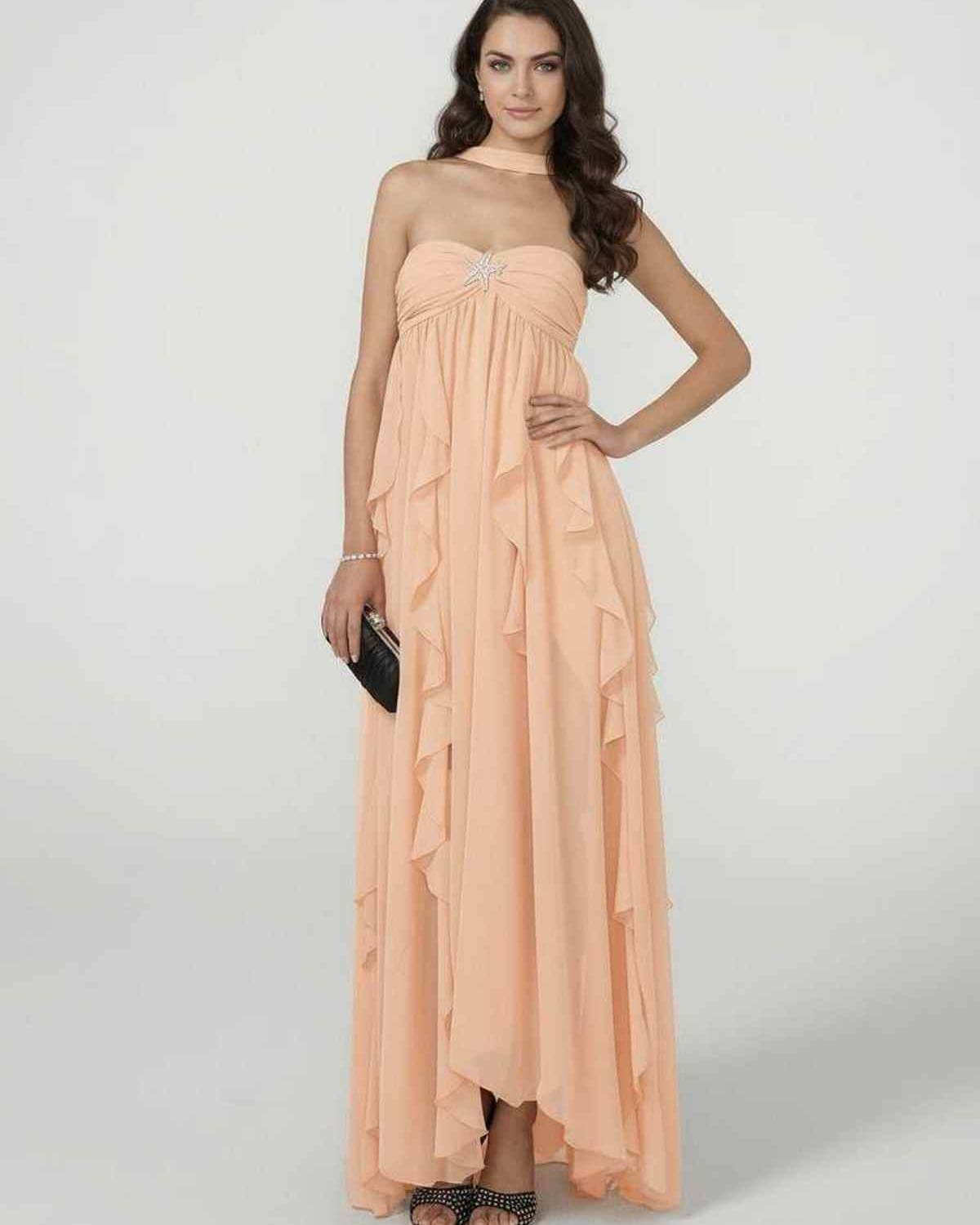 Peachira Maxi Dress by Lauven – Elegant strapless gown with ruffle detail, perfect for a romantic occasion.