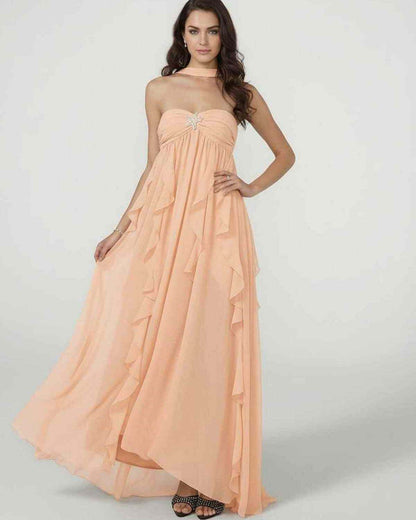 Peachira Maxi Dress by Lauven - Elegant strapless ankle-length gown with ruffle detail in soft peach.