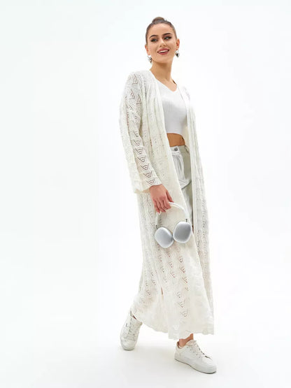Pearl Cardigan by Lauven, lightweight openwork summer cardigan worn with casual outfit.