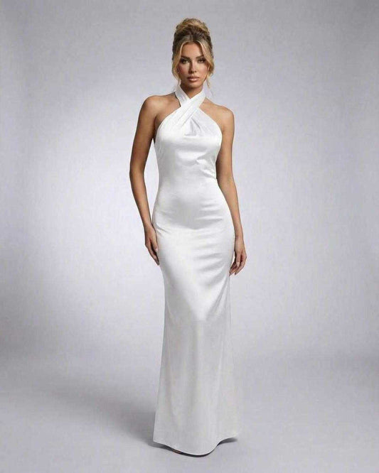 Elegant Lauven Pearl Maxi Dress in white with halter neck and sleek bodycon silhouette.