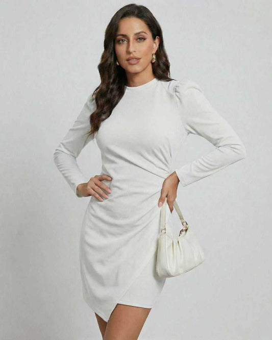 Lauven Pearl Mini Dress in Soft White featuring an elegant A-line silhouette and long sleeves.