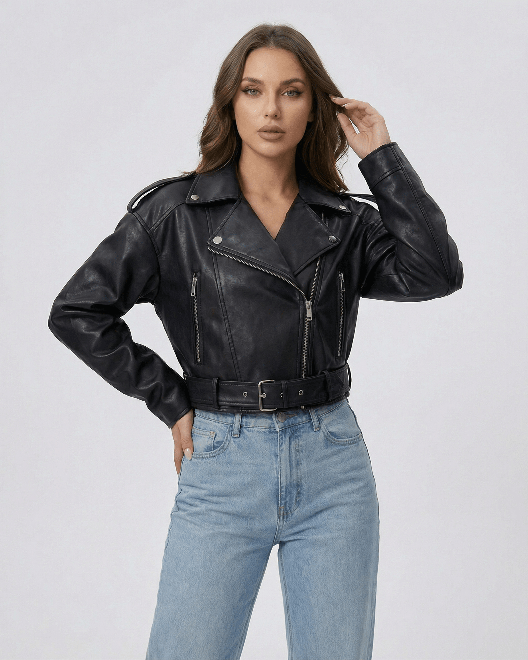 Phoenix Jacket by Lauven – Women's black leather jacket with belted moto silhouette.
