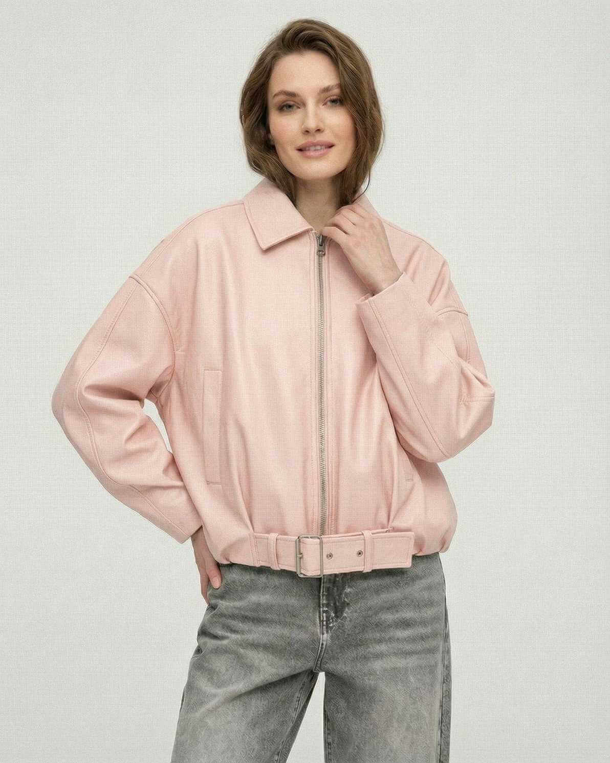 Lauven Pink Belted Jacket - Women’s oversized zip jacket with a leather-look finish and relaxed silhouette.