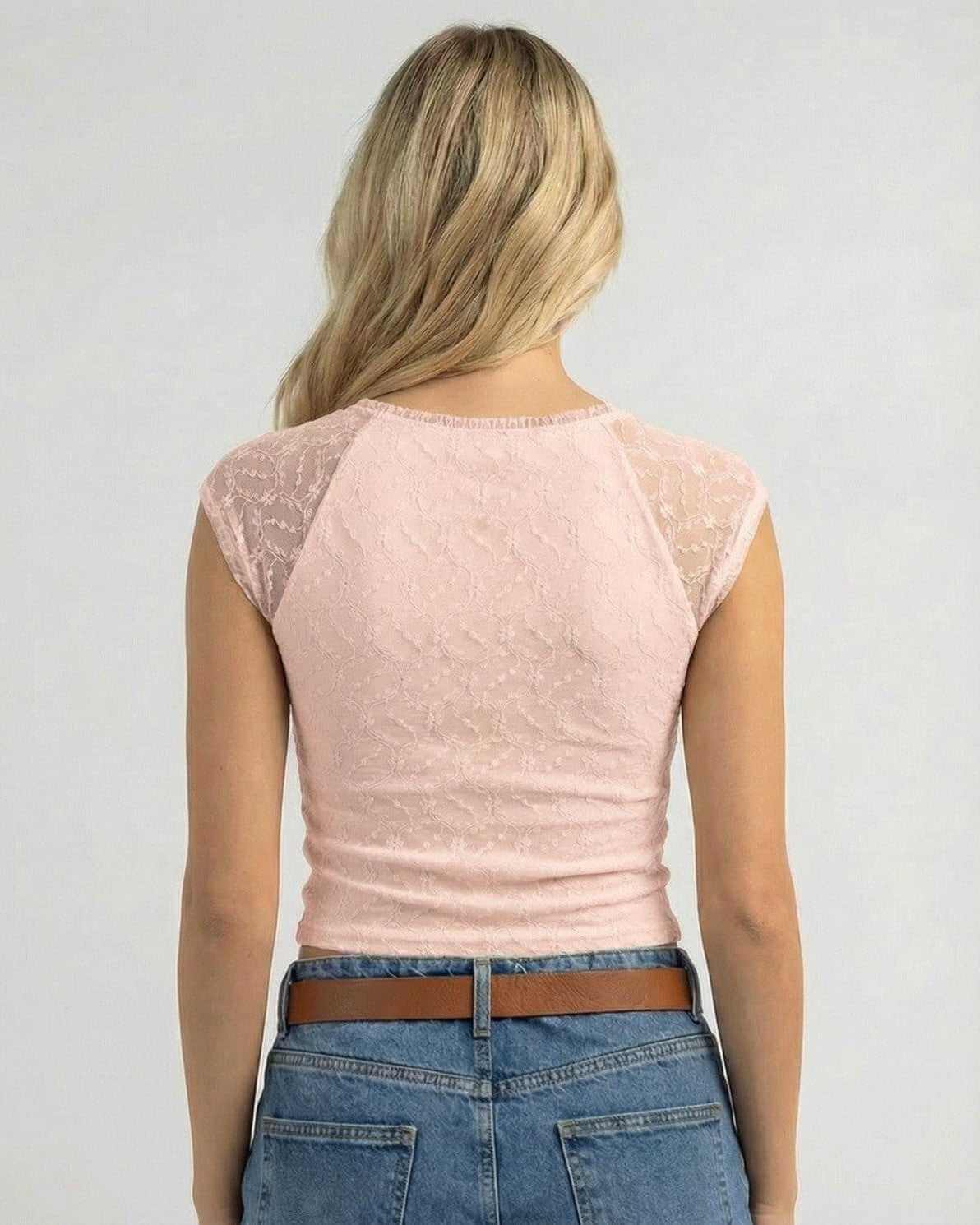 Back view of women’s slim fit V-neck crop tee in blush pink lace from Lauven - Pink Lace Top.