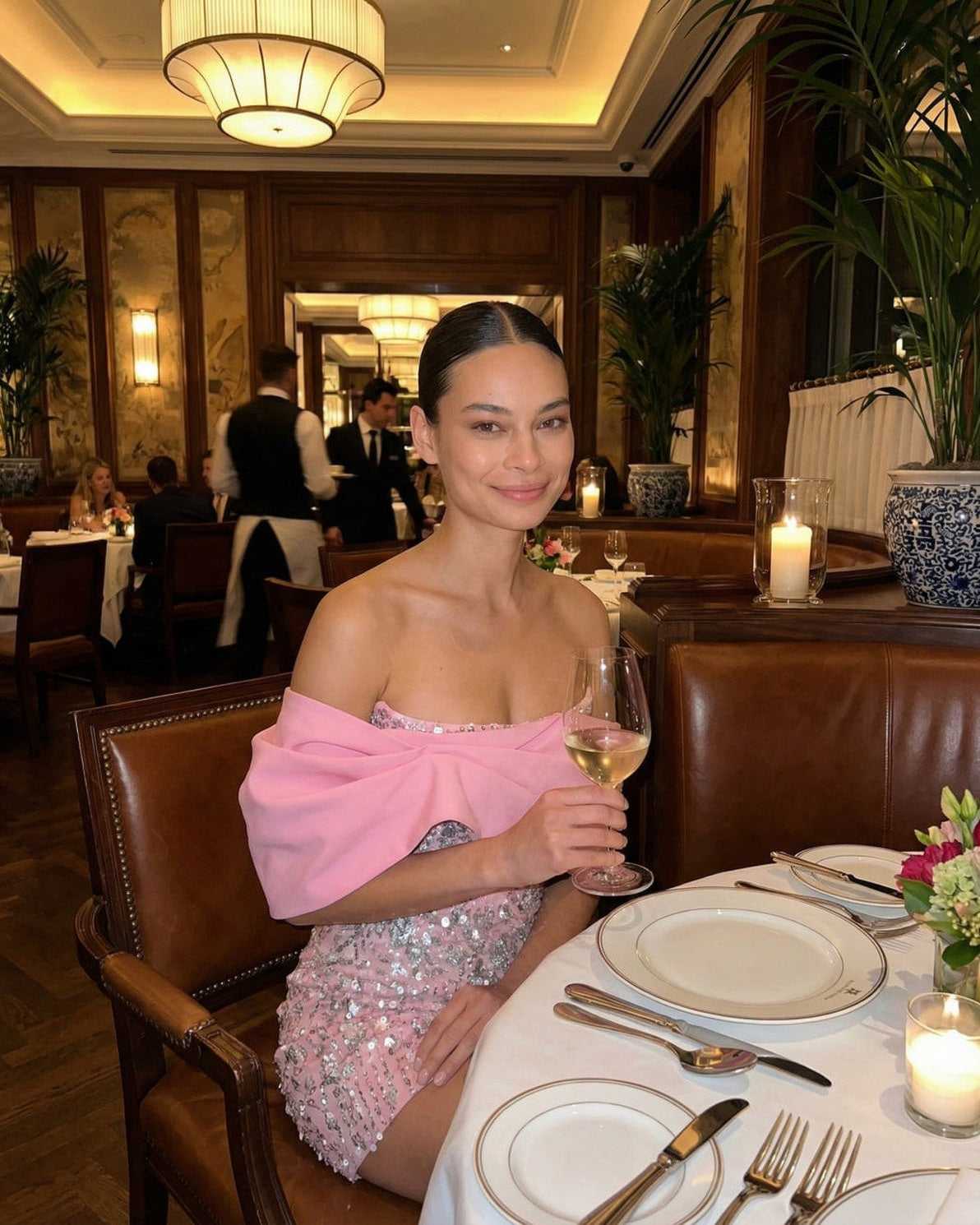 Lauven Luna Mini Dress worn by a woman in a pink sequined party dress at a restaurant, holding a glass of wine.