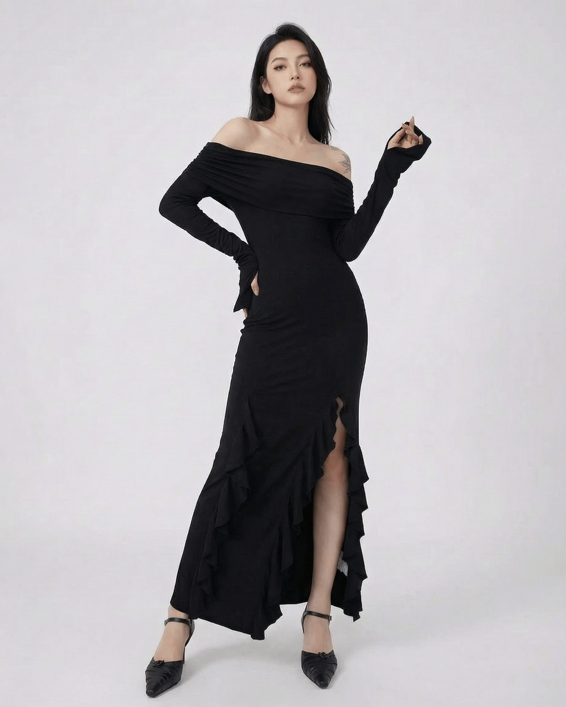 Raven Maxi Dress by Lauven - Off-Shoulder Asymmetrical Ruffle Dress with Flare Sleeves in black.