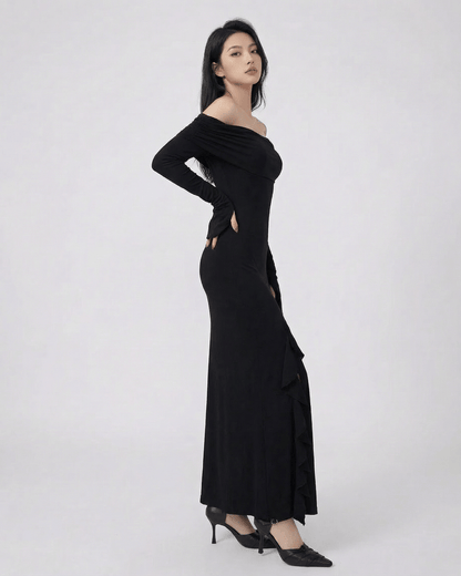 Raven Maxi Dress by Lauven - Off-shoulder asymmetrical ruffle dress with flare sleeves in black.
