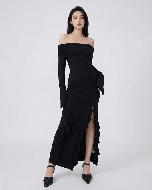 Raven Maxi Dress by Lauven - Off-Shoulder Asymmetrical Ruffle Dress with Flare Sleeves in Black