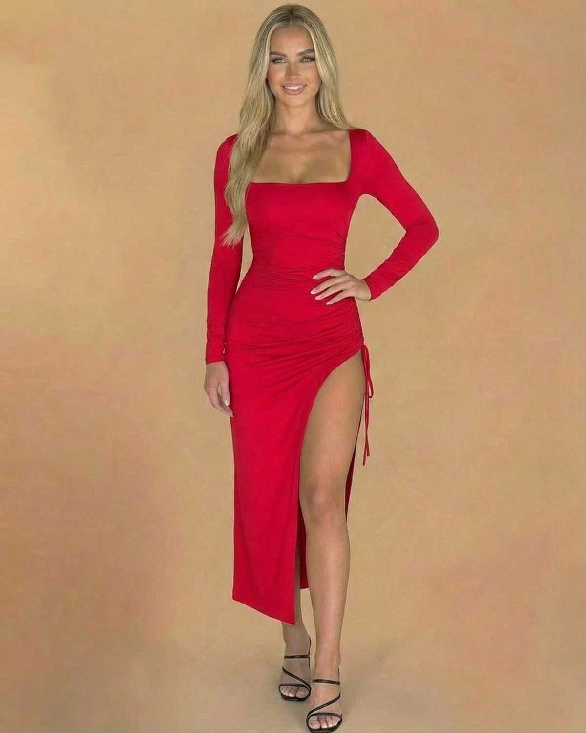 Ravenna Midi Dress by Lauven - Square Neck Long Sleeve Red Bodycon Dress with Slit, perfect for any stylish occasion.