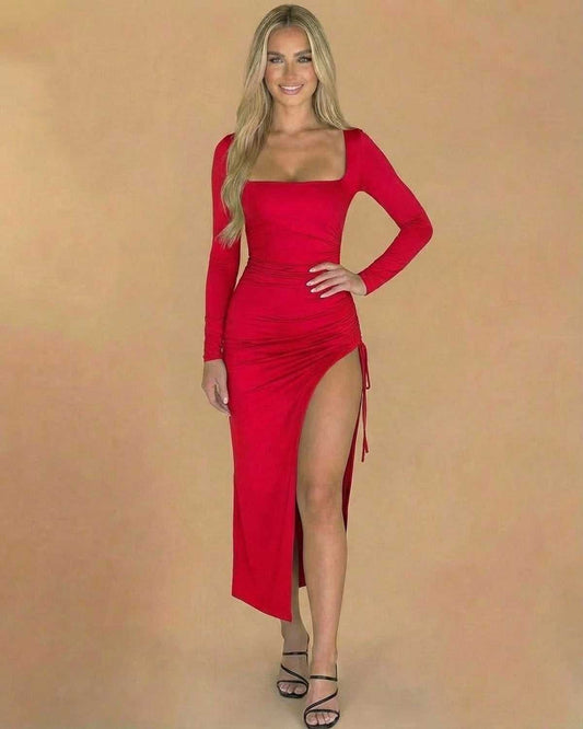 Model wearing Lauven Ravenna Midi Dress, a red square neck bodycon midi dress with a slit, showcasing elegance and allure.