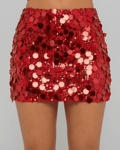 Flamenco Mini Skirt by Lauven - Red Sequin A-Line Bodycon Mini Skirt with eye-catching shine and sculpting fit.
