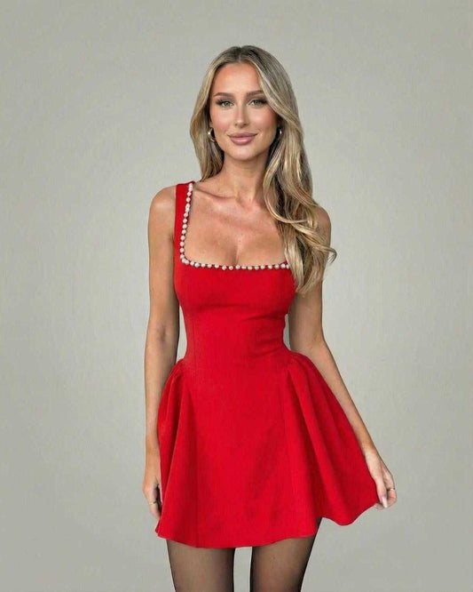 Riviera Mini Dress by Lauven featuring a pearl-trim square neckline in vibrant red, showcasing a stylish A-line silhouette.