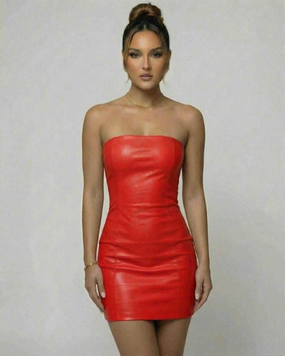 Lauven Roma Mini Dress - Strapless red PU pencil mini dress showcasing a sleek and modern silhouette.