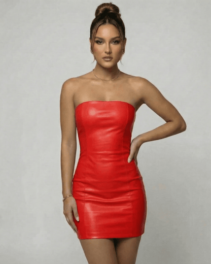 Roma Mini Dress by Lauven - Strapless red PU pencil mini dress showcasing a sleek, modern silhouette.