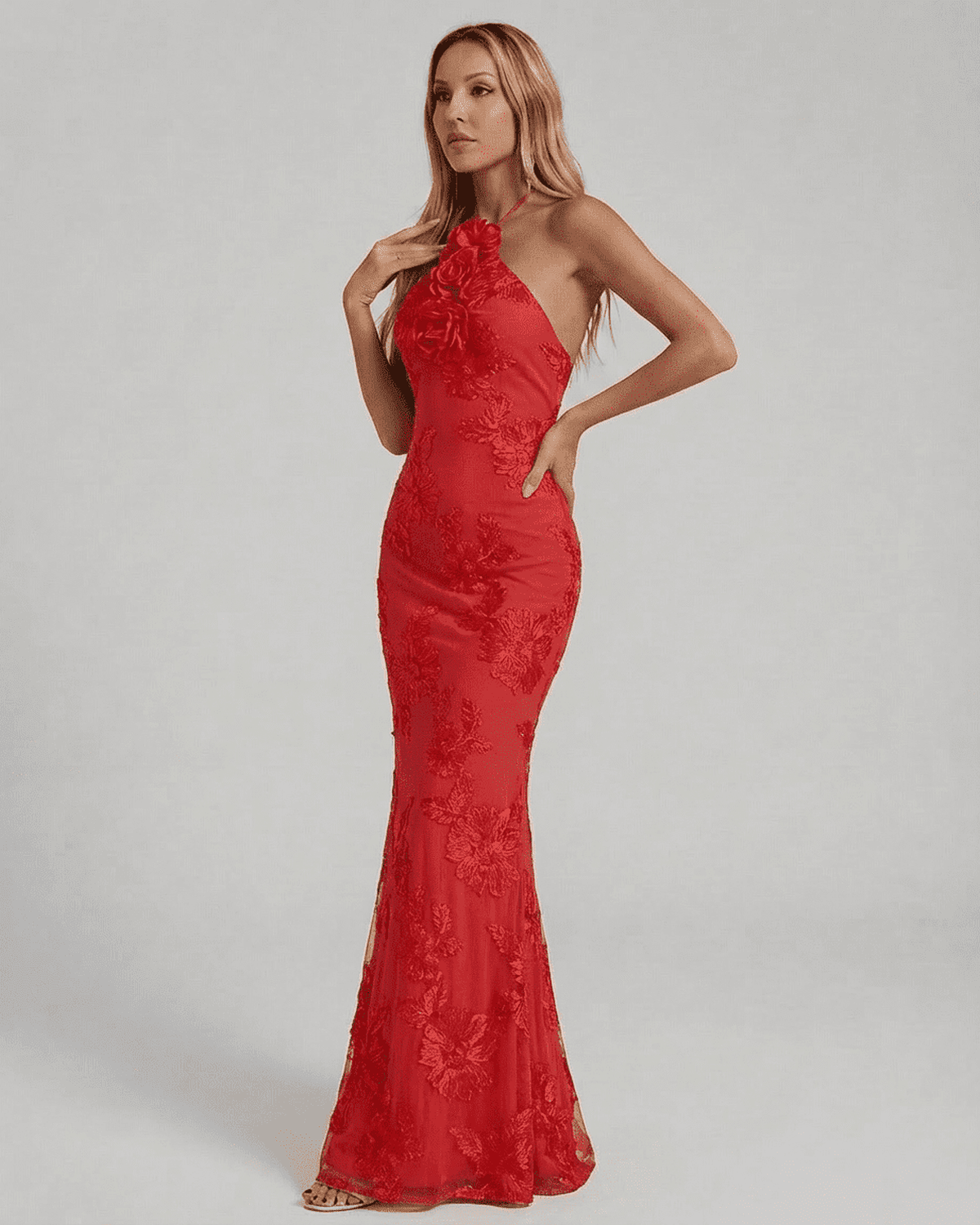 Rosalia Maxi Dress by Lauven, elegant halter neck design featuring 3D floral appliqué in a stunning red finish.