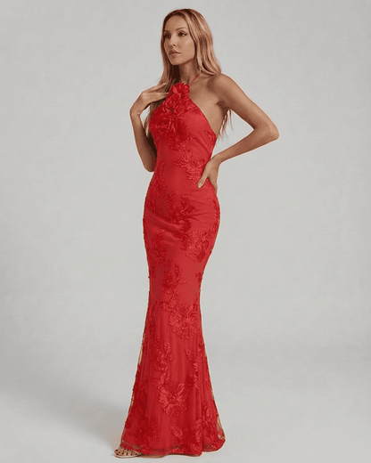 Rosalia Maxi Dress by Lauven, elegant halter neck design featuring 3D floral appliqué in a stunning red finish.