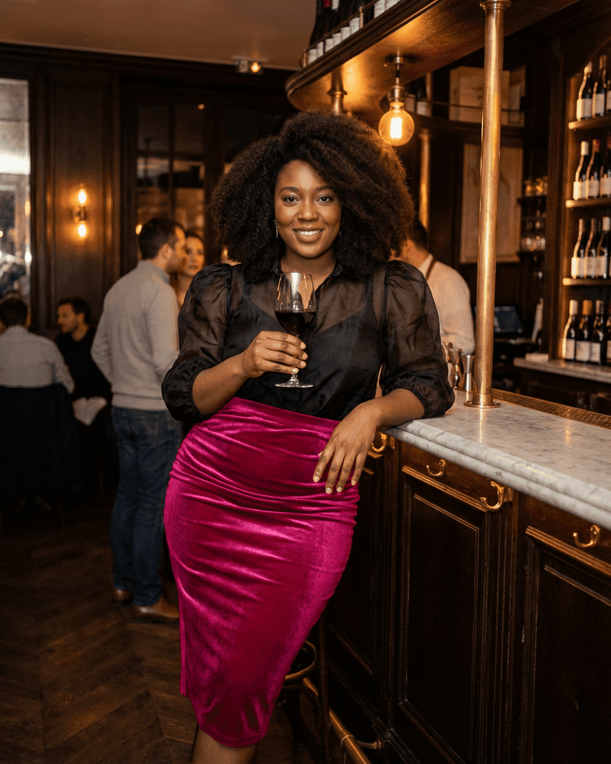 Woman wearing Rosalia Midi Skirt by Lauven, high-waisted velvet pencil skirt with elegant back slit.