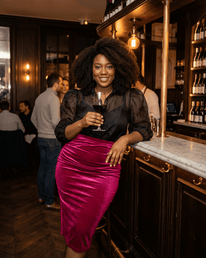 Woman wearing Rosalia Midi Skirt by Lauven, high-waisted velvet pencil skirt with elegant back slit.