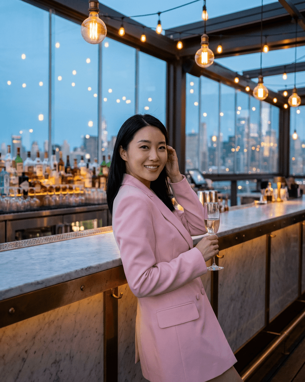 Rosalie Blazer worn by a woman holding a champagne glass in a chic bar setting, showcasing the Lauven brand.