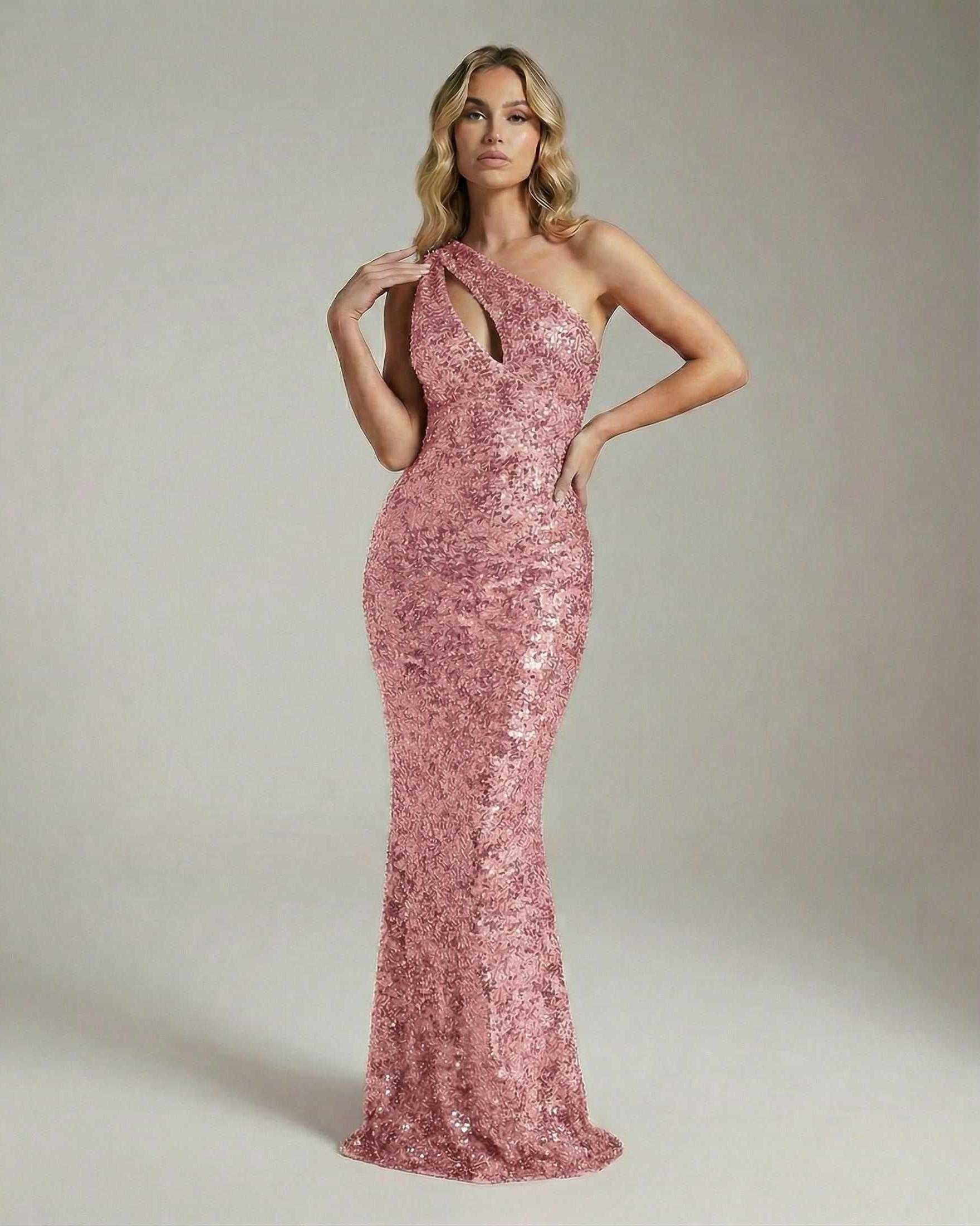 Rosalie Maxi Dress by Lauven in pink sequin with one-shoulder silhouette and sleek sheath design.