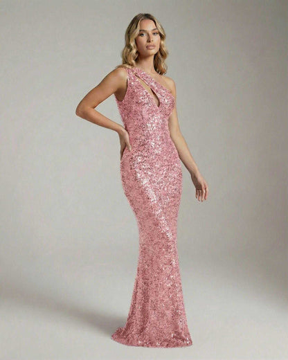 Rosalie Maxi Dress by Lauven, a pink sequin one-shoulder sheath dress showcasing an elegant silhouette.