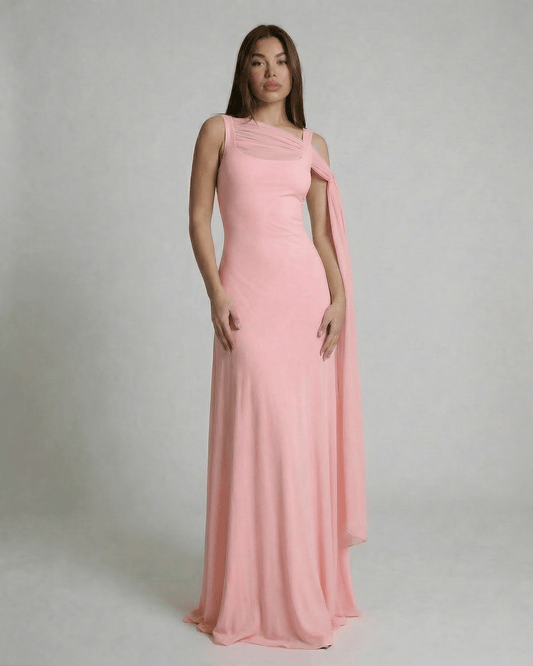 Rosalie Maxi Dress by Lauven, a pink slip maxi dress with square neck and mesh shawl detail.