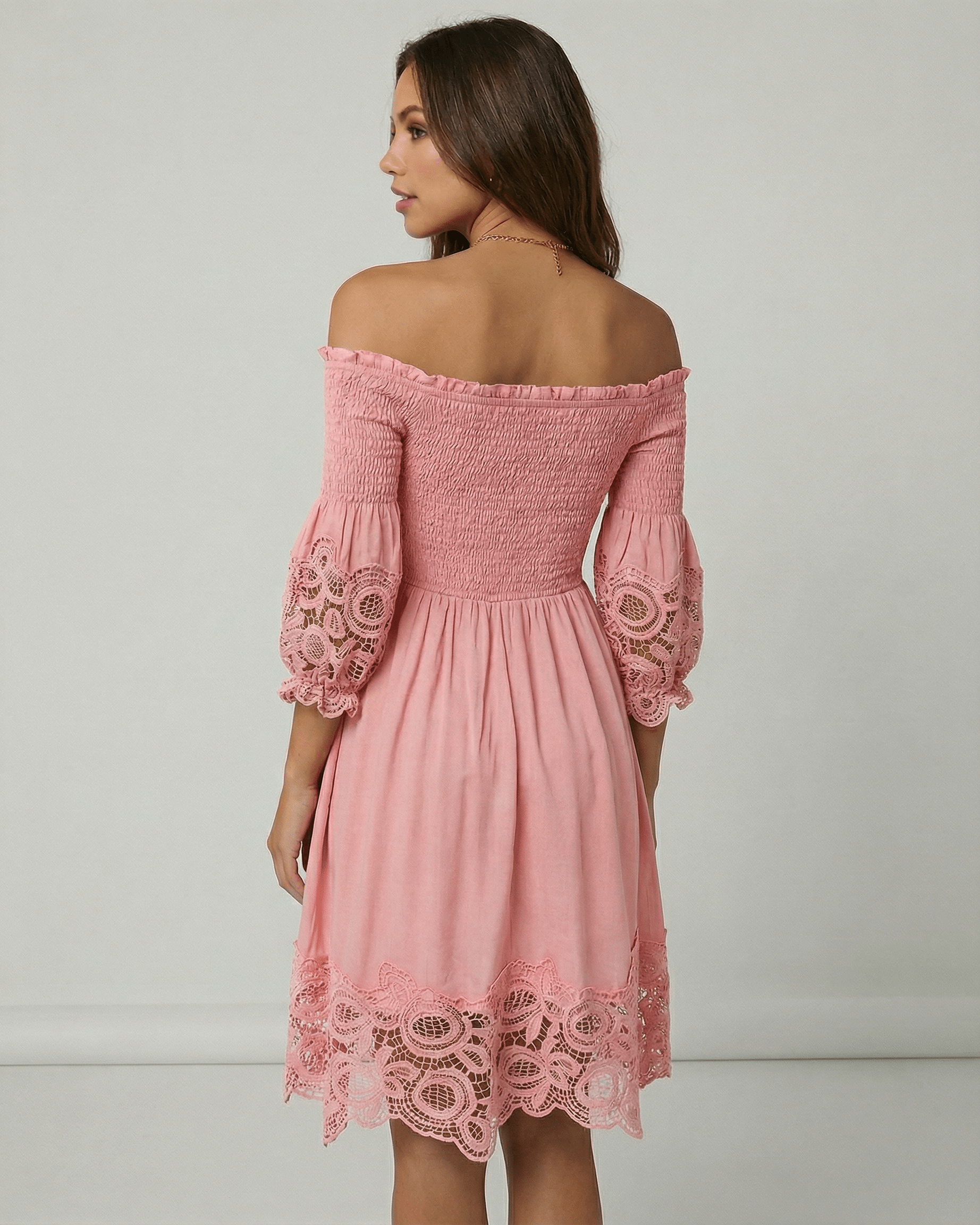 Rosalie Midi Dress by Lauven, Women's pink off shoulder midi dress with lace detail, A-Line silhouette