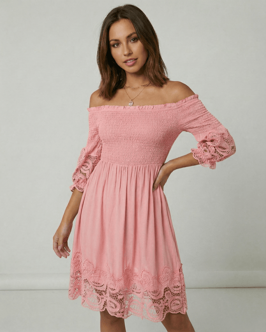Rosalie Midi Dress by Lauven, women’s pink midi dress with lace, off shoulder A-line silhouette and feminine design.
