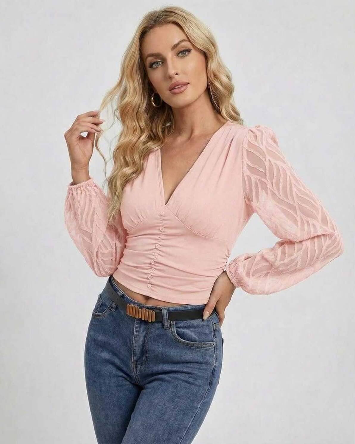 Rosalie Pullover by Lauven – Women’s pink V-neck long sleeve pullover with lantern sleeves in a stylish fit.