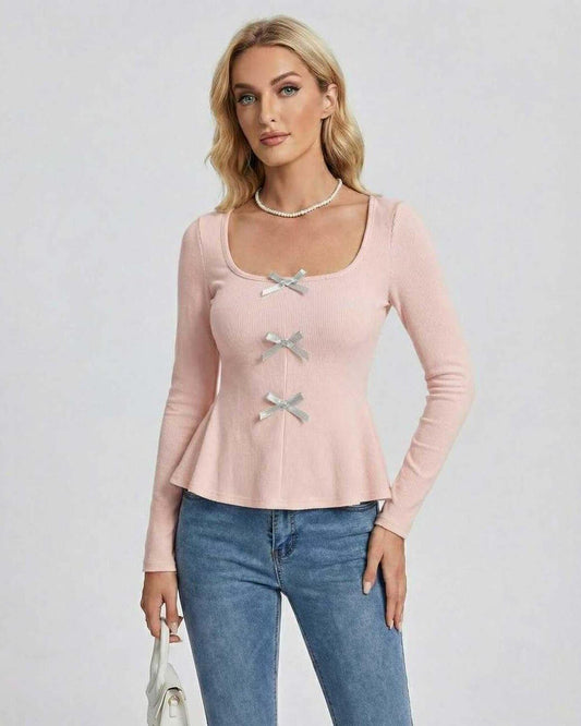 Rosalie Pullover by Lauven – Women’s pink sweater with square neck and bow detail, elegant and refined.