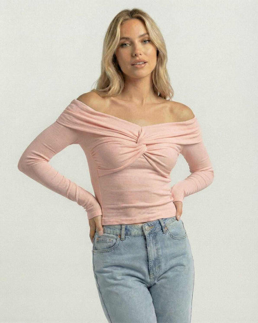 Rosalie Top by Lauven – Women's pink off the shoulder long sleeve top with twist-front detail.