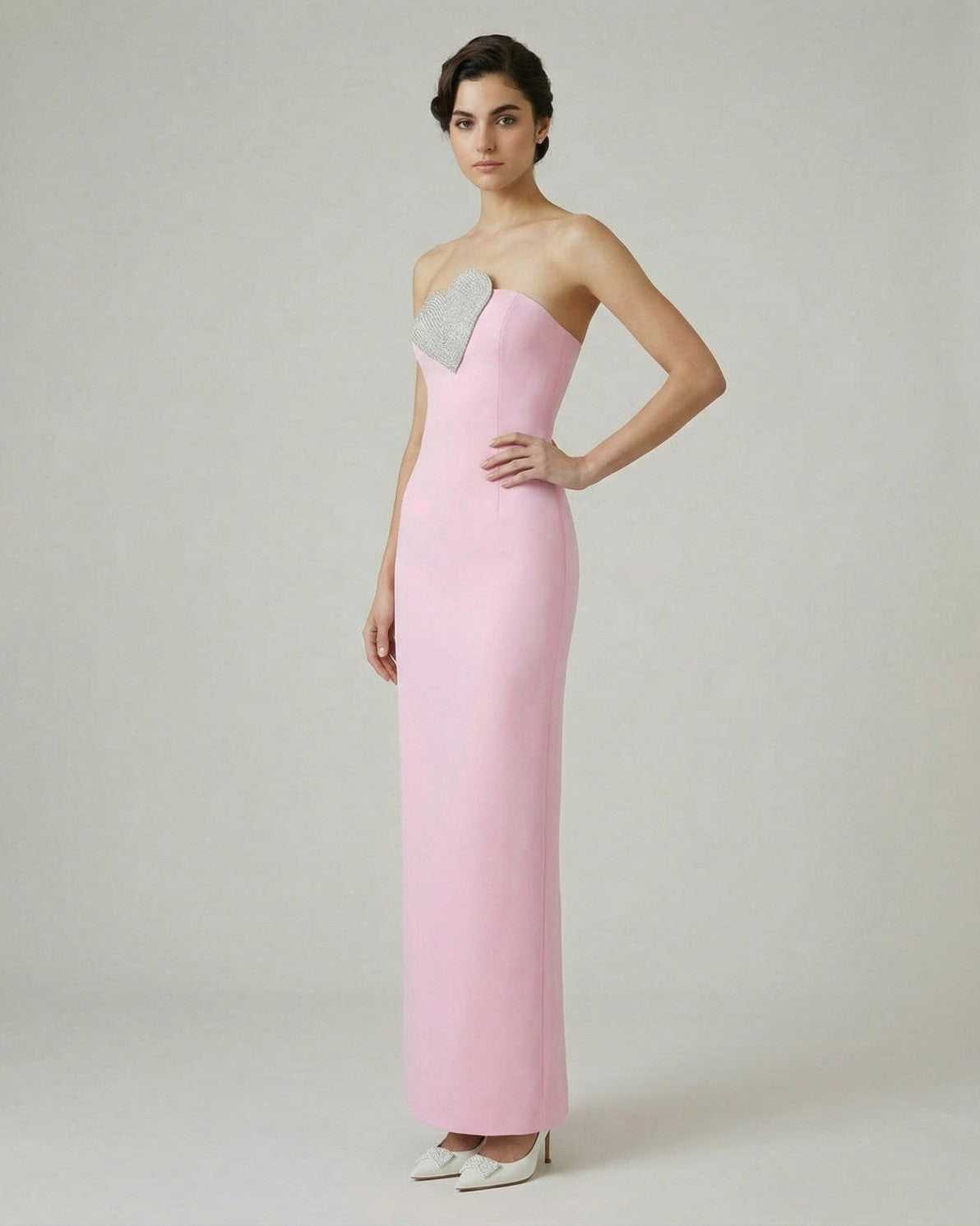 Rosalind Maxi Dress by Lauven - Pink Strapless Sheath Dress with Embellished Heart Detail
