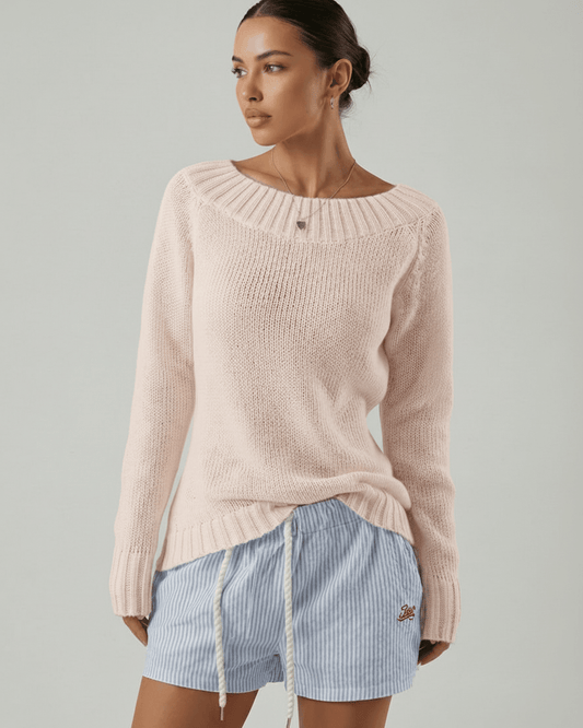 Rosaline Sweater by Lauven – Women’s pink boat neck sweater with rib knit detail, perfect for a polished look.