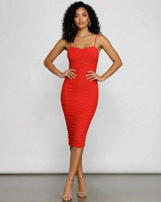 Rosalya Midi Dress by Lauven in vibrant red, showcasing a sweetheart neckline and ruched bodycon silhouette.