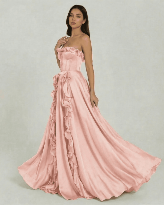 Rosalyn Maxi Dress by Lauven - Strapless pink maxi dress with ruffle detail and floor-length silhouette.