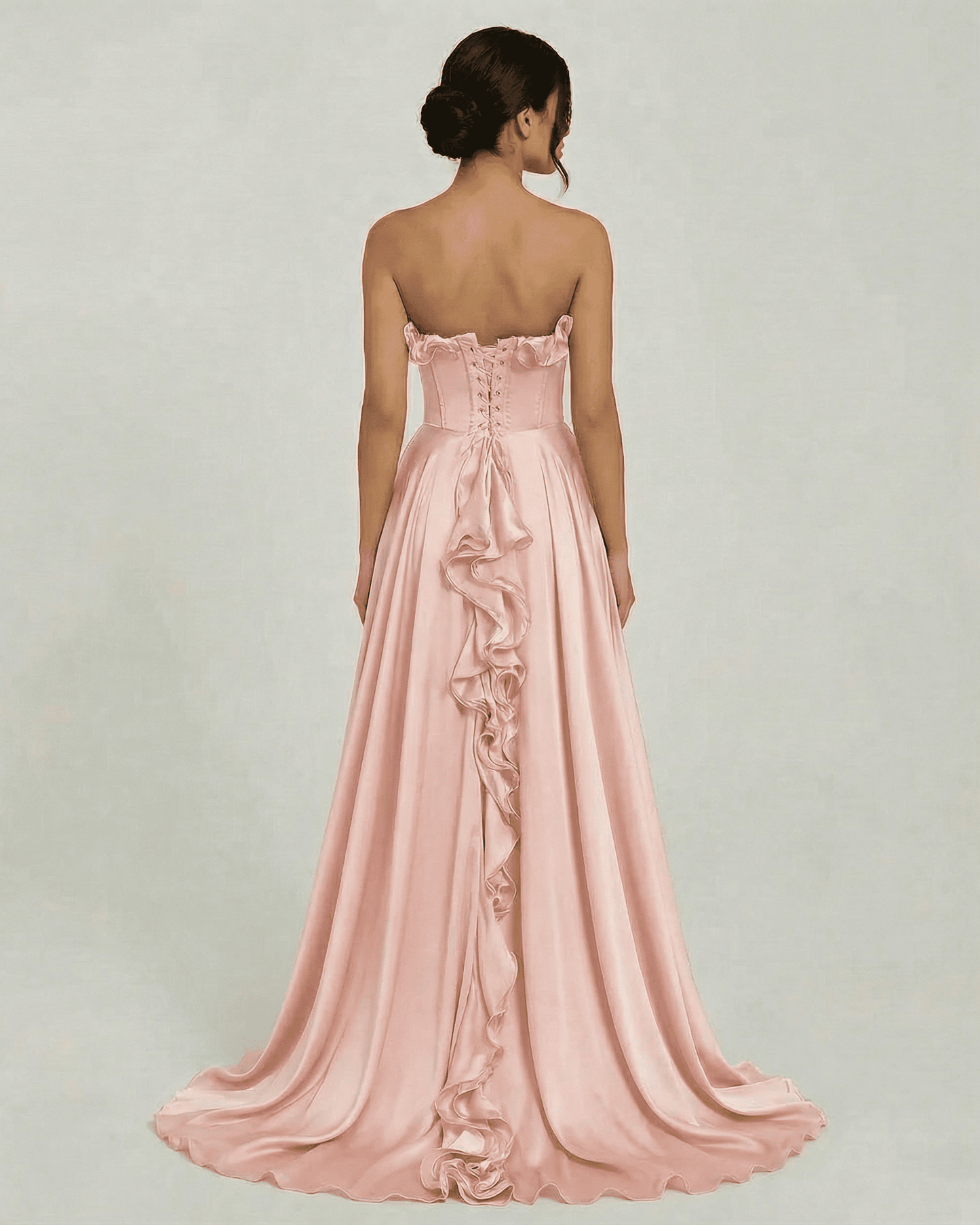 Rosalyn Maxi Dress by Lauven, elegant strapless pink maxi dress with ruffle detail, back view.