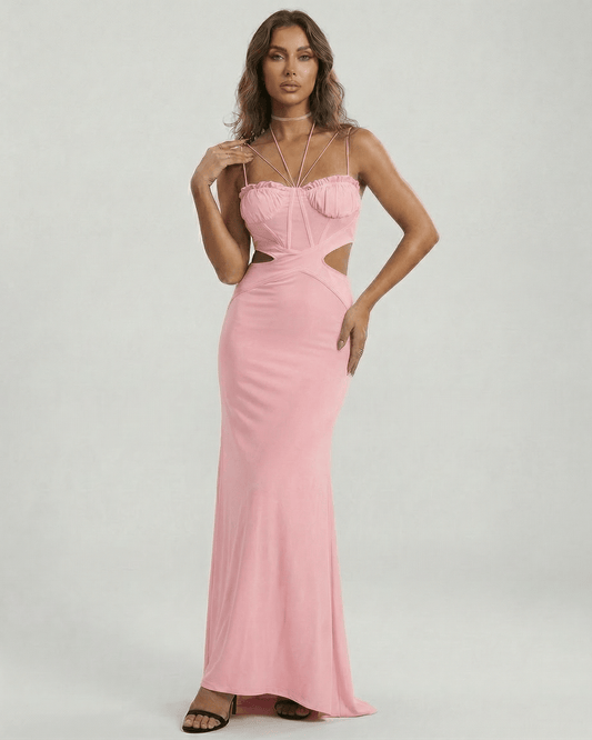 Rosé Maxi Dress by Lauven featuring a pink strapless cutout design and elegant silhouette.