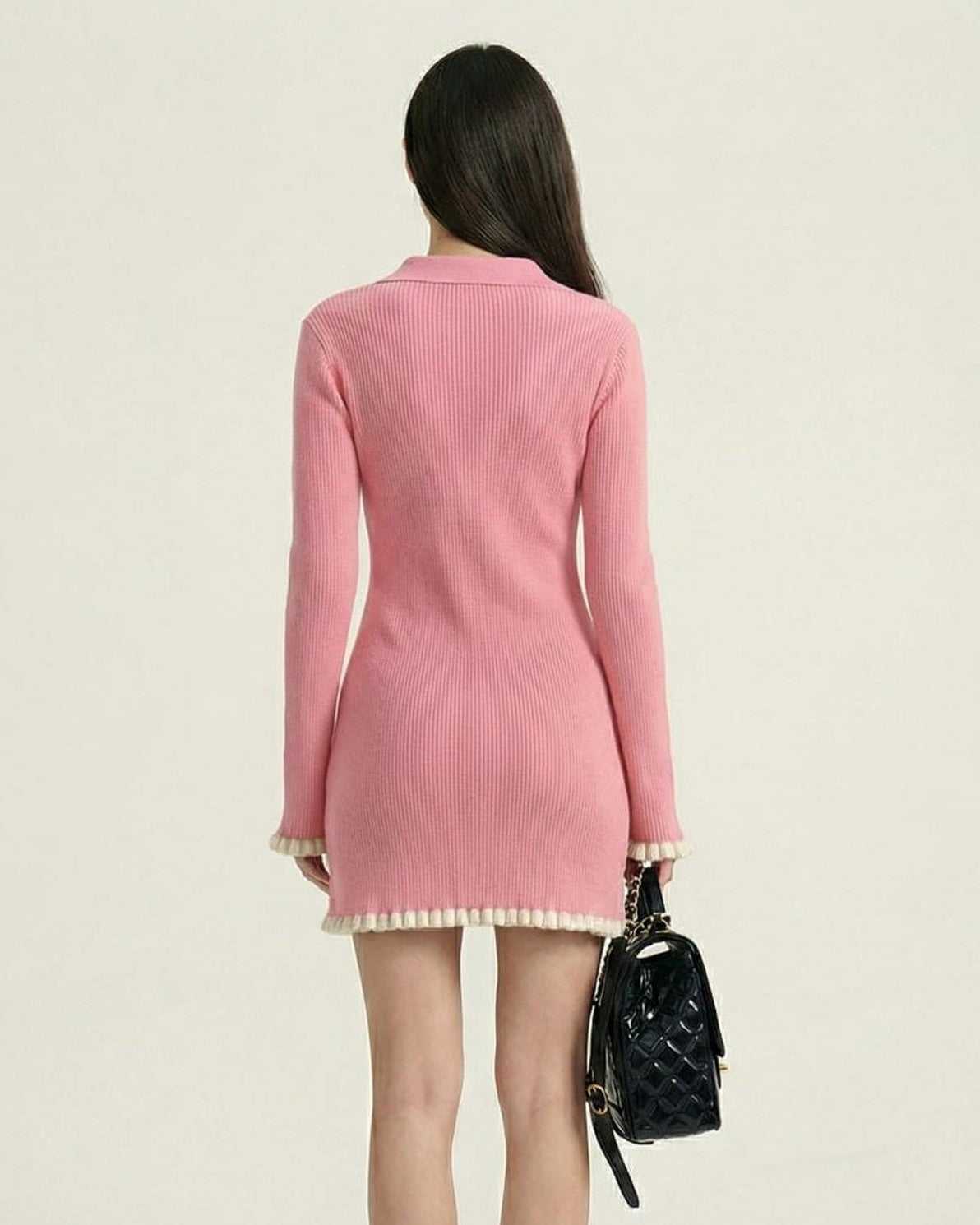 Rosé Mini Dress by Lauven, long sleeve V-neck bodycon mini dress in pink, showcasing a stylish ribbed texture and button detail.