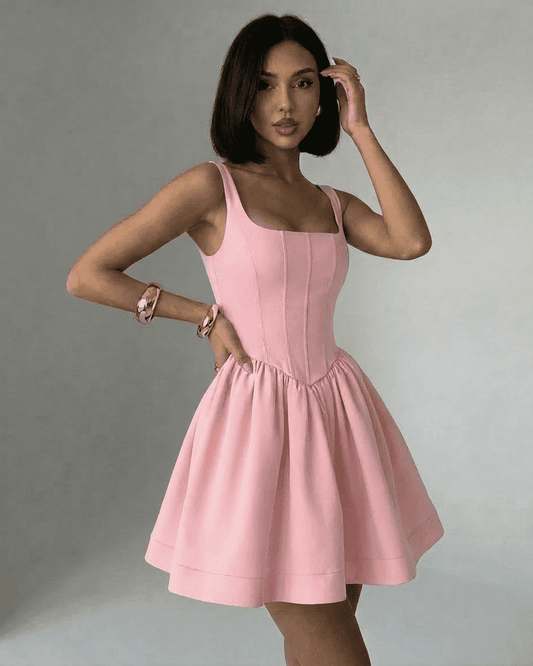 Rosé Mini Dress by Lauven featuring a structured pink corset bodice and flared skirt, ideal for a modern, chic look.