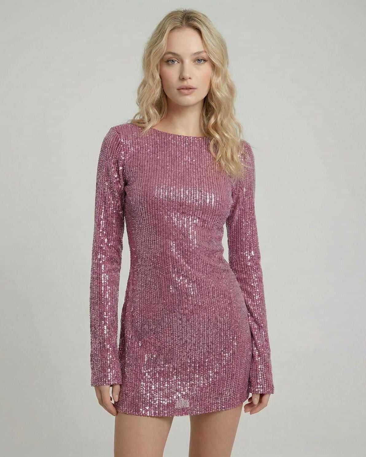 Rosé Mini Dress by Lauven – Elegant sequin bodycon mini with long sleeves and a polished finish.