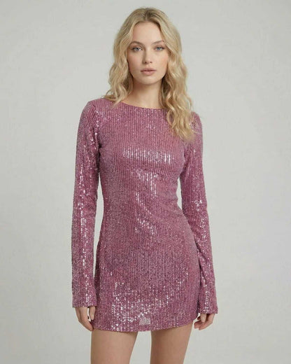 Rosé Mini Dress by Lauven – Elegant sequin bodycon mini with long sleeves and a polished finish.
