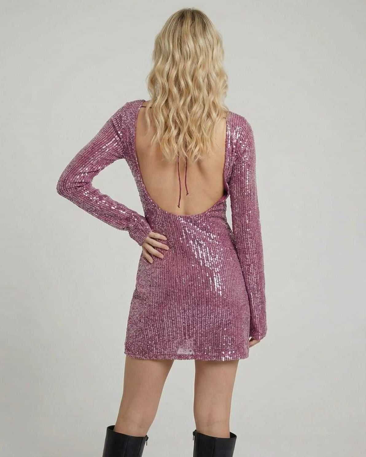 Rosé Mini Dress by Lauven featuring a sequin bodycon mini with long sleeves and a low back design.