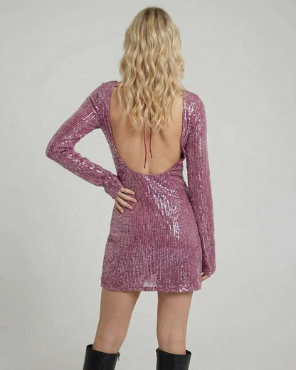 Rosé Mini Dress by Lauven featuring a sequin bodycon mini with long sleeves and a low back design.
