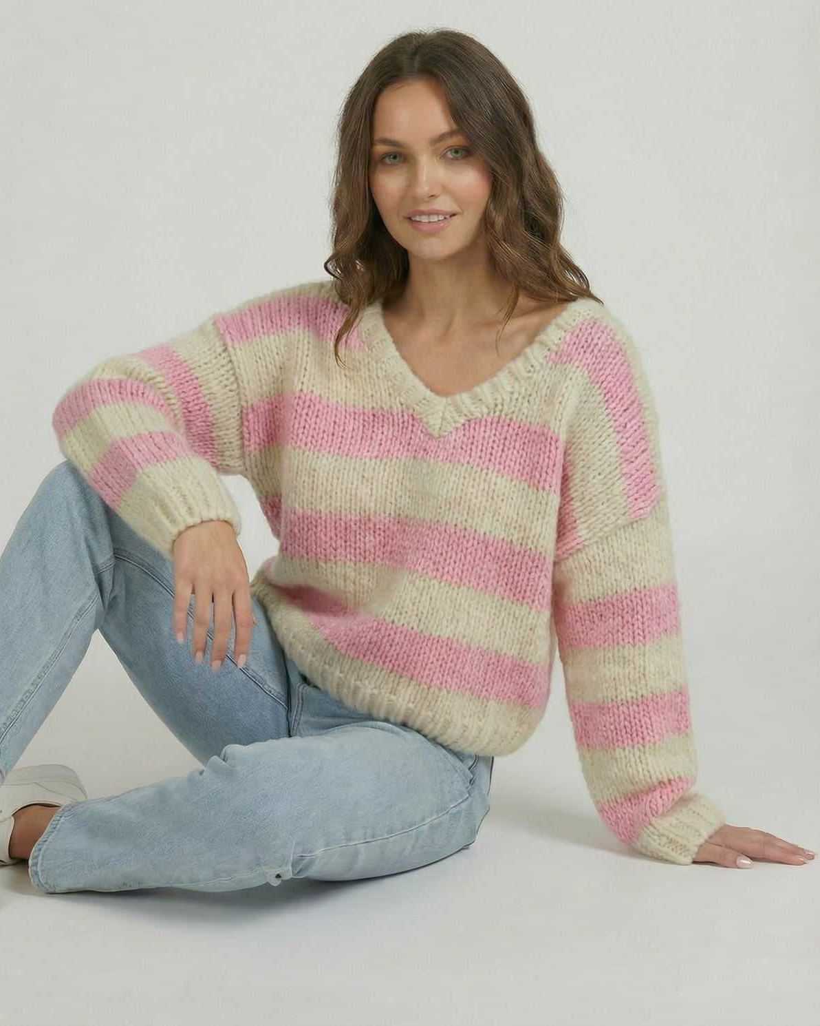 Rosé Pullover by Lauven featuring a striped V-neck design in pink and ivory for women's casual wear.