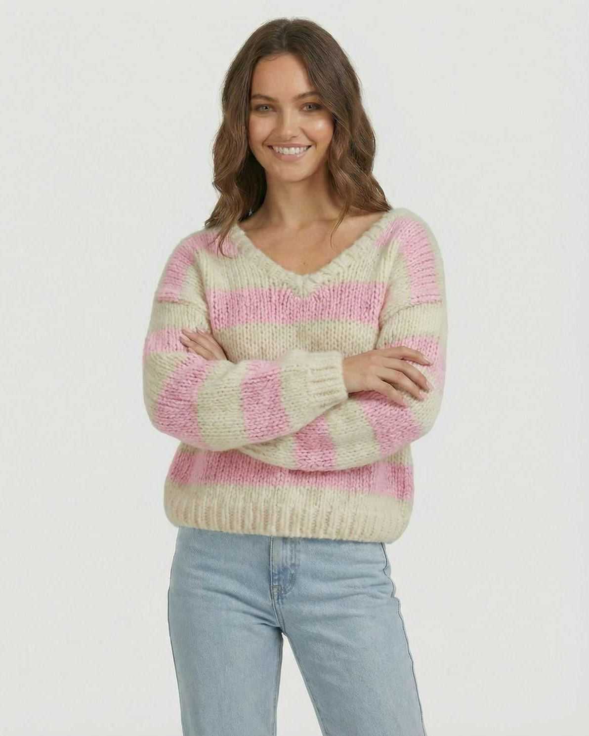 Rosé Pullover by Lauven – Striped V-Neck Knit Sweater in soft pink and ivory colors, featuring a relaxed fit.