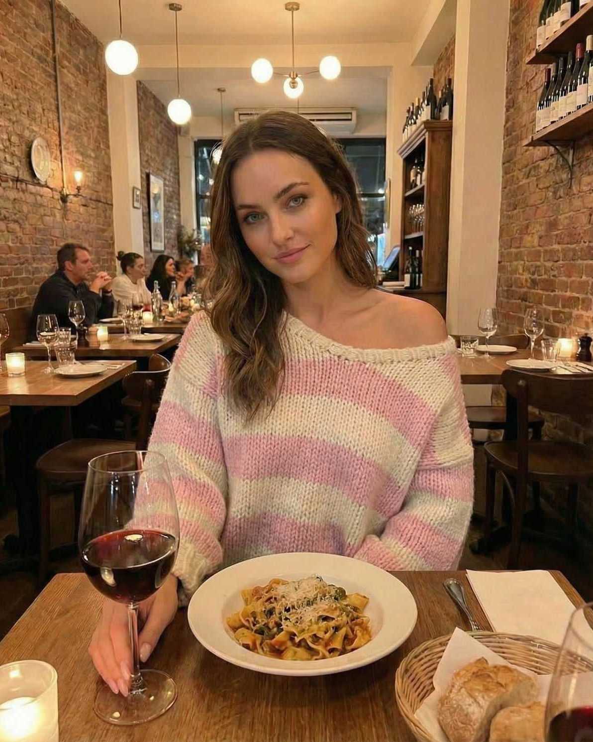 A woman wearing a Rosé Pullover with pink and ivory stripes, enjoying pasta and red wine in a cozy restaurant.