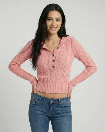 Rosé Sweater by Lauven – Slim fit hooded cable knit sweater in muted pink shade.
