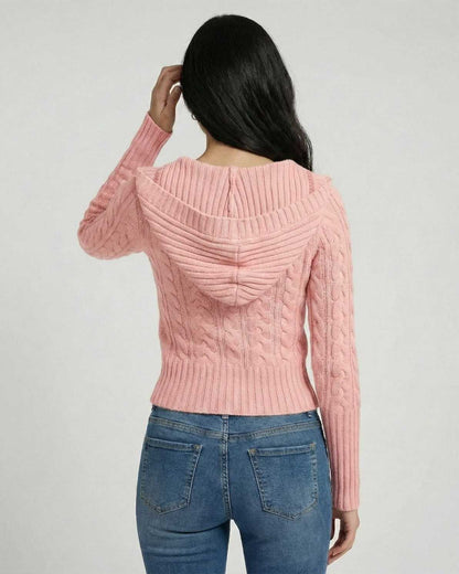 Back view of Lauven Rosé Sweater showcasing hooded cable knit design in soft pink.