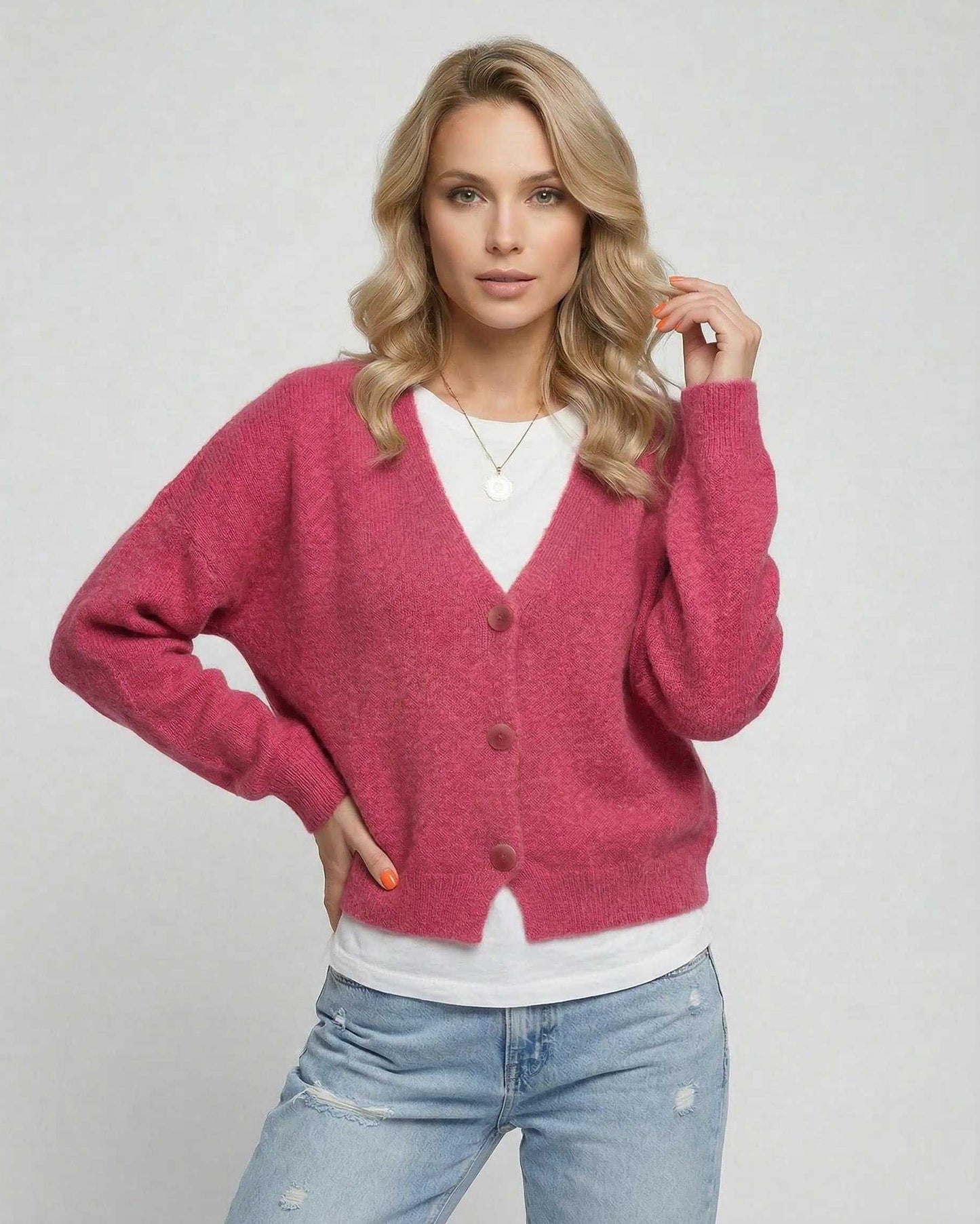 Rosea Cardigan by Lauven - Vibrant pink knitwear with relaxed fit and button-down front.